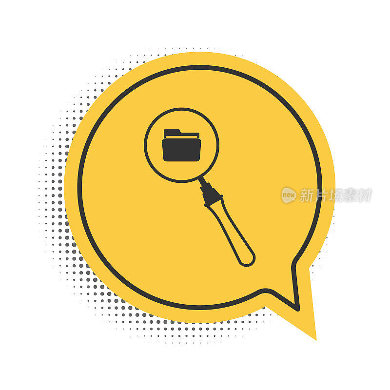 Black Search concept with folder icon isolated on white background. Magnifying glass and document. Data and information sign. Yellow speech bubble symbol. Vector